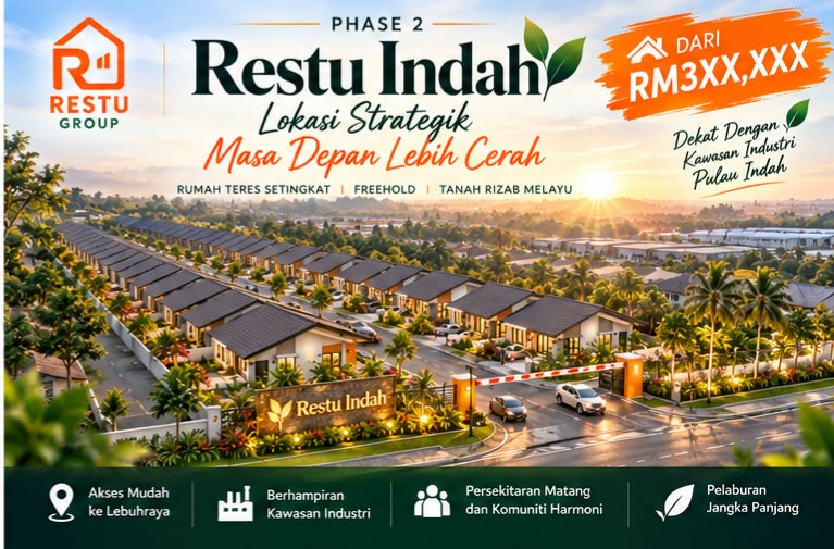 Restu Indah Fasa 2 Pulau Indah - rumah teres setingkat freehold tanah rizab Melayu, dekat dengan Kawasan Industri Pulau Indah