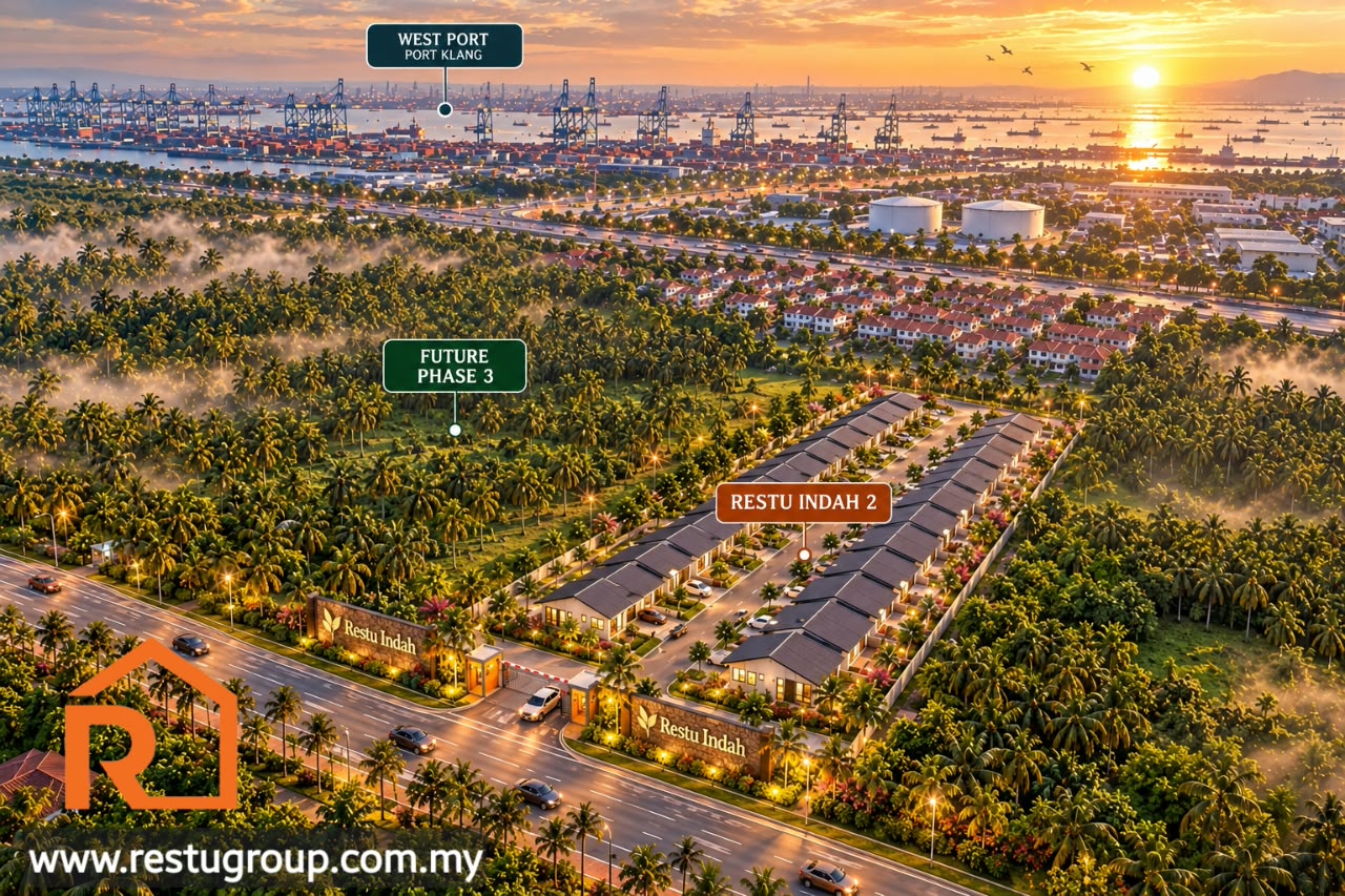Pandangan udara Restu Indah 2 dan Fasa 3 akan datang berhampiran Westport, Pelabuhan Klang